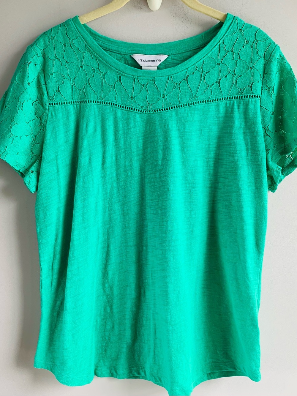 Liz Claiborne Knit Top Tee Emerald Green Shamrock Floral Lace Summer EUC Large